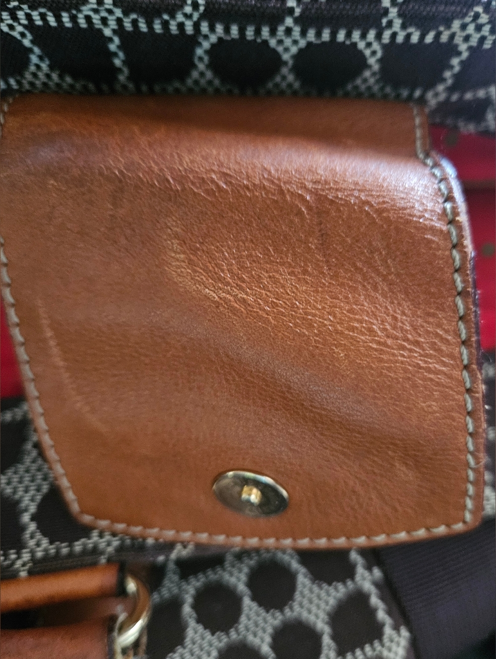 Kate Spade Noel Dot Jacquard Tote Bag Brown Red Stripe Leather Trim - Picture 7 of 10